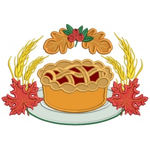 Apple Pie And Fall Leaves Thanksgiving Applique Machine Embroidery Design Digitized Pattern