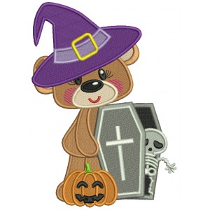 Bear Holding Coffin With Skeleton Halloween Filled Machine Embroidery Design Digitized Pattern