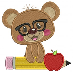 Bear Student Holding Pencil School Filled Machine Embroidery Design Digitized Pattern