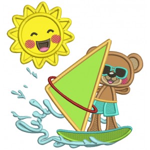 Bear Surfing And Big Smiling Sun Summer Applique Machine Embroidery Design Digitized Pattern