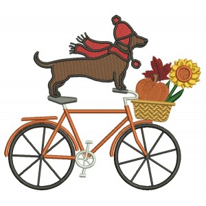 Bicycle With Dachshund Dog And Fall Basket Thanksgiving Filled Machine Embroidery Design Digitized Pattern