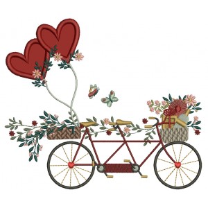 Bicycle With Flowers And Two Heart Shaped Balloons Valentine's Day Applique Machine Embroidery Design Digitized Pattern