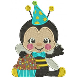 Birthday Bee Holding Cupckake Filled Machine Embroidery Design Digitized Pattern
