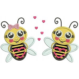 Boy And a Girl Bee Holding Hearts Valentine's Day Applique Machine Embroidery Design Digitized Pattern