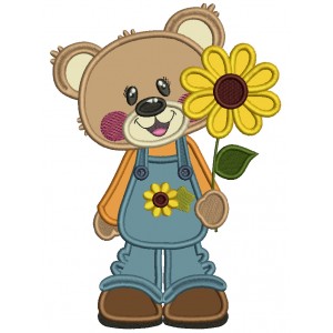 Cute Bear Holding Big Sunflower Thanksgiving Applique Machine Embroidery Design Digitized Pattern