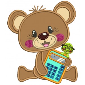 Cute Bear Holding Calculator School Applique Machine Embroidery Design Digitized Pattern