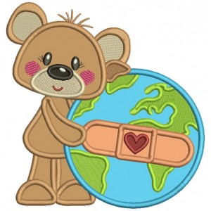 Cute Bear Hugging Globe With Bandaid Applique Machine Embroidery Design Digitized Pattern