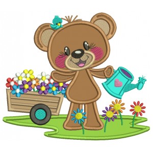 Cute Bear Watering Plants Applique Machine Embroidery Design Digitized Pattern 