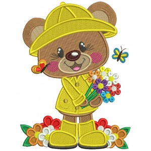 Cute Bear Wearing a Hat And Holding Flowers Filled Machine Embroidery Design Digitized Pattern