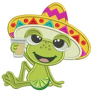 Cute Frog Wearing Sombrero Holding A Drink Applique Machine Embroidery Design Digitized Patterny 