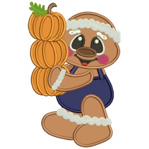 Cute Gingerbread Man Holding Three Pumpkins Thanksgiving Applique Machine Embroidery Design Digitized Pattern