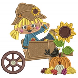 Cute Girl Scarecrow Sitting On The Wagon With Pumpkins And Sunflower Fall Filled Machine Embroidery Design Digitized Pattern