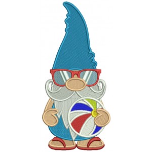 Cute Gnome Holding Beach Ball Filled Summer Machine Embroidery Design Digitized Pattern