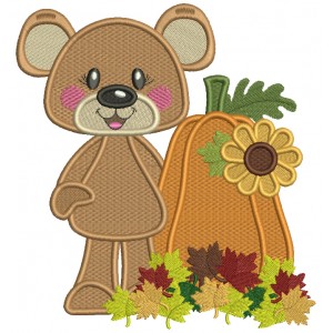 Cute Little Bear Standing Next To Pumpkins With Fall Leaves Filled Machine Embroidery Design Digitized Pattern