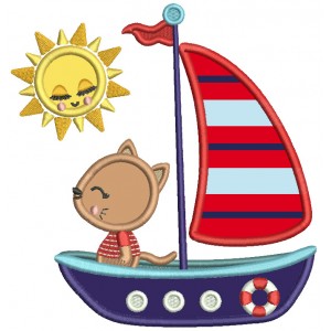 Cute Little Cat Captain On A Sailboat Applique Machine Embroidery Design Digitized Pattern
