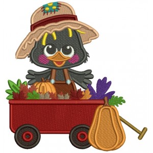 Cute Little Crow Sitting Inside The Cart With Pumpkins Fall Thanksgiving Filled Machine Embroidery Design Digitized Pattern