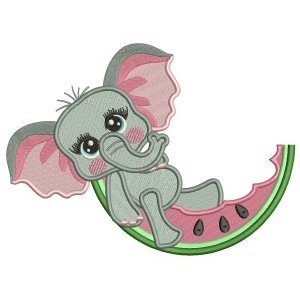Cute Little Elephant Sitting On a Slice Of Watermelon Filled Machine Embroidery Design Digitized Pattern