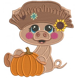 Cute Little Pig Farmer Holding Big Pumpkin Halloween Filled Machine Embroidery Design Digitized Pattern