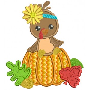 Cute Little Turkey Sitting On The Pumpkin Thanksgiving Applique Machine Embroidery Design Digitized Pattern