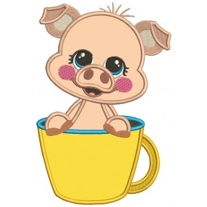 Cute Piggy Sitting In The Cup Applique Machine Embroidery Design Digitized Pattern