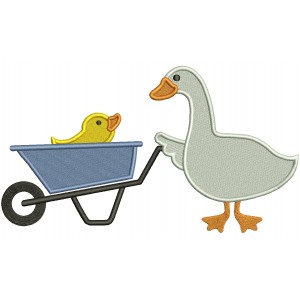 Duck Driving a Little Baby Chick In Garden Wagon Filled Machine Embroidery Design Digitized Pattern