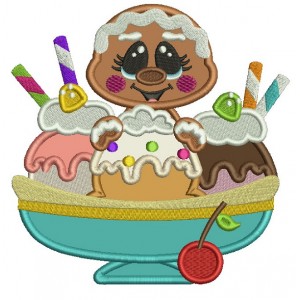 Gingerbread Girl Behind Three Scoops Of Ice Cream Applique Machine Embroidery Digitized Design Pattern