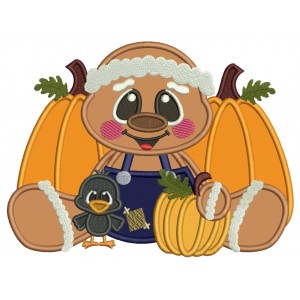 Gingerbread Man With a Little Crow Sitting Next To Pumpkins Thanksgiving Applique Machine Embroidery Design Digitized Pattern