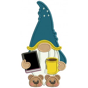 Gnome Holding a Book And a Cup Of Tea Applique Machine Embroidery Design Digitized Pattern