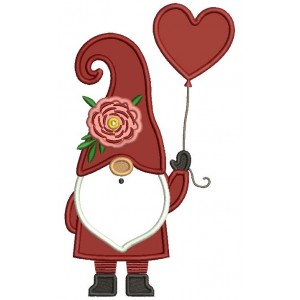 Gnome Holding a Heart Shaped Balloon Valentine's Day Applique Machine Embroidery Design Digitized Pattern
