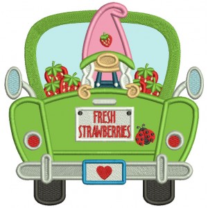 Gnome In The Back Of a Truck With Strawberries Applique Machine Embroidery Design Digitized Pattern