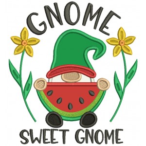 Gnome Sweet Gnome Eating Watermelon Applique Machine Embroidery Design Digitized Pattern