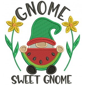 Gnome Sweet Gnome Eating Watermelon Filled Machine Embroidery Design Digitized Pattern