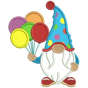 Gnome WIth Five Balloons Birthday Applique Machine Embroidery Design Digitized Pattern