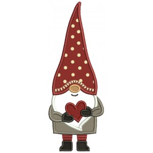 Gnome WIth a Tall Hat Holding a Heart Valentine's Day Applique Machine Embroidery Design Digitized Pattern