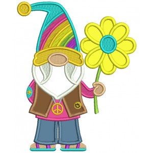 Gnome Wearing Peace Sign Holding Flower Applique Machine Embroidery Design Digitized Pattern