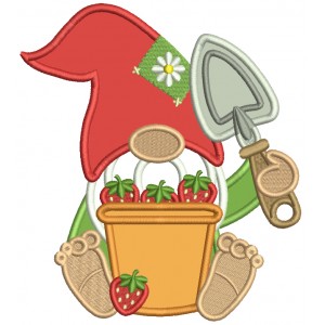 Gnome With a Bucket Full Of Strawberries And a Garden Trowel Applique Machine Embroidery Design Digitized Pattern