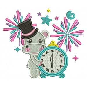 Hippo Clock Strikes 12 Fireworks New Year Filled Machine Embroidery Design Digitized Pattern