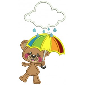 Little Bear Holding Umbrella And Rain From a Big Cloud Applique Machine Embroidery Design Digitized Pattern 