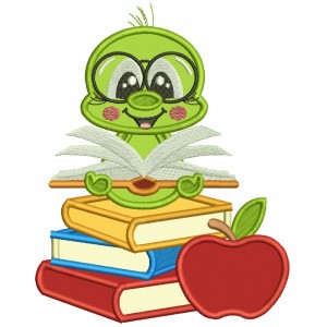 Little Bookworm Reading Books School Applique Machine Embroidery Design Digitized Pattern