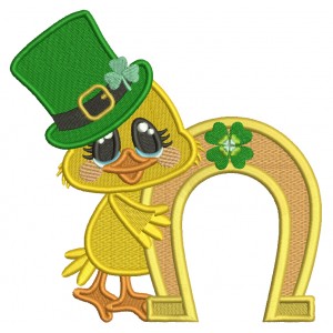 Little Chick Holding a Horseshoe Filled St. Patrick's Day Machine Embroidery Design Digitized Pattern