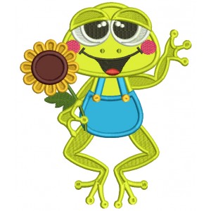 Little Frog Holding Sunflower Fall Applique Machine Embroidery Design Digitized Pattern