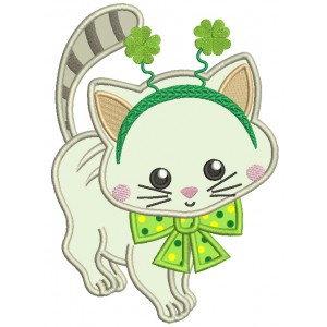 Little Kitten Wearing Shamrock Tiara St. Patricks Day Applique Machine Embroidery Design Digitized Pattern