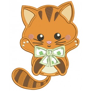 Little Kitten With Cute Bow St.Patrick's Day Applique Machine Embroidery Design Digitized Pattern 