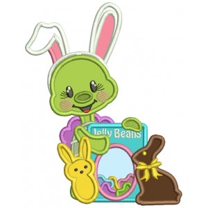 Little Turtle Wearing Bunny Ears Holding Jelly Beans Easter Applique Machine Embroidery Design Digitized Pattern 