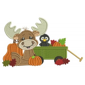 Moose and a Bird At The Pumpkin Patch Fall Thanksgiving Filled Machine Embroidery Design Digitized Pattern