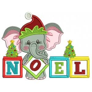 NOEL Elephant Wearing Christmas Hat Applique Machine Embroidery Design Digitized Pattern