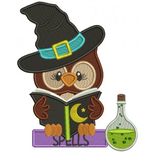 Owl WIzard Reading a Books With Spells Filled Halloween Machine Embroidery Design Digitized Pattern