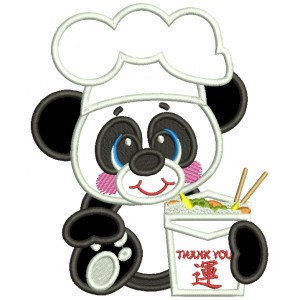 Panda Chef Eating With Chopsticks Applique Machine Embroidery Design Digitized Pattern
