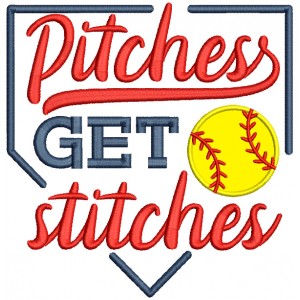 Pitches Get Stitches Baseball Sports Applique Machine Embroidery Design Digitized Pattern