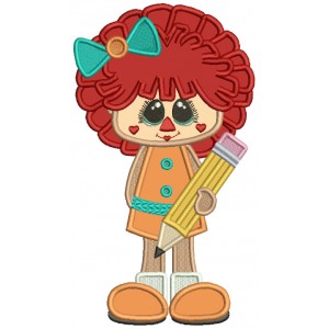 Rag Doll Girl Holding Big Pencil School Applique Machine Embroidery Design Digitized Pattern